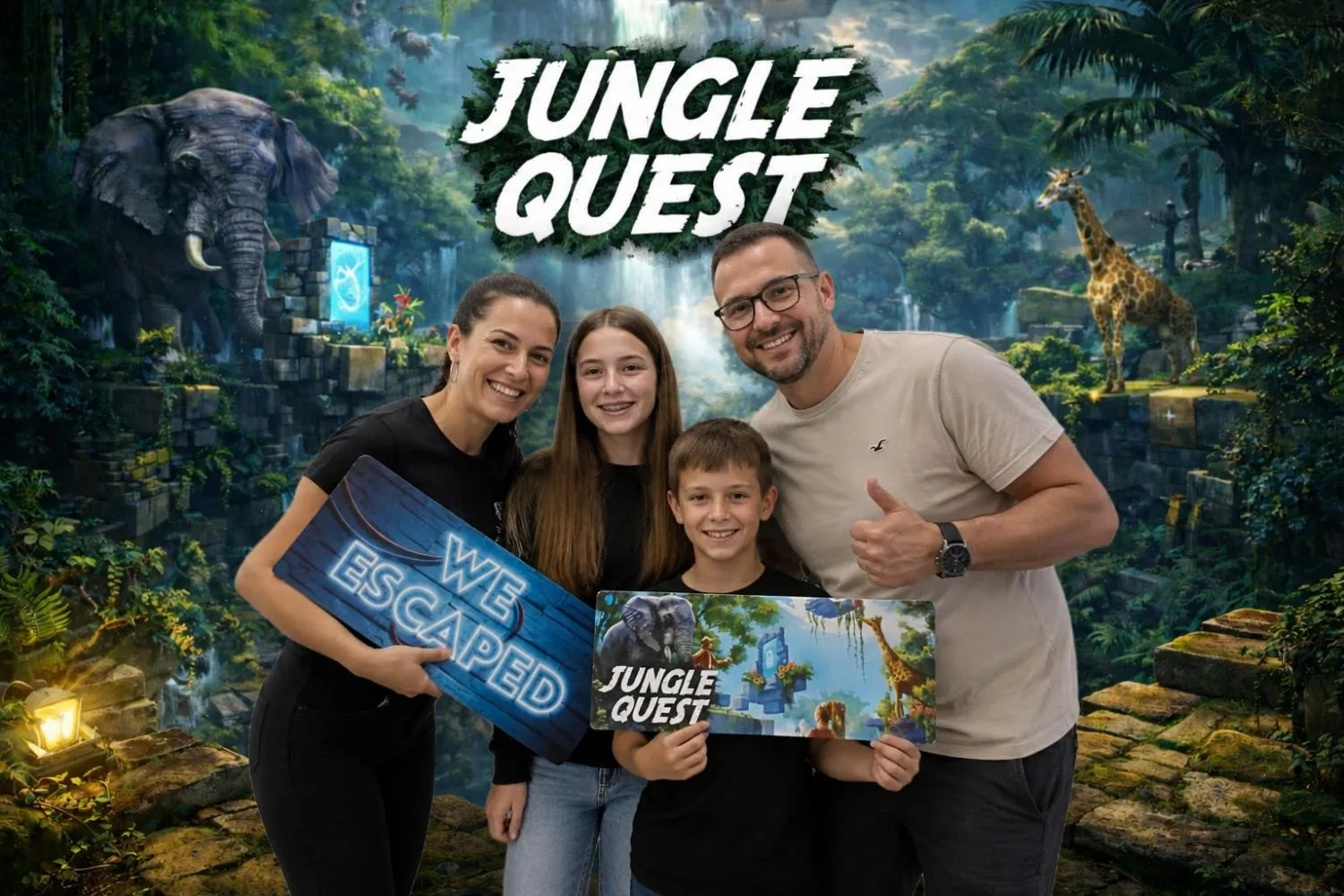 Familie mit „We escaped“-Schild vor der Jungle-Quest-Kulisse