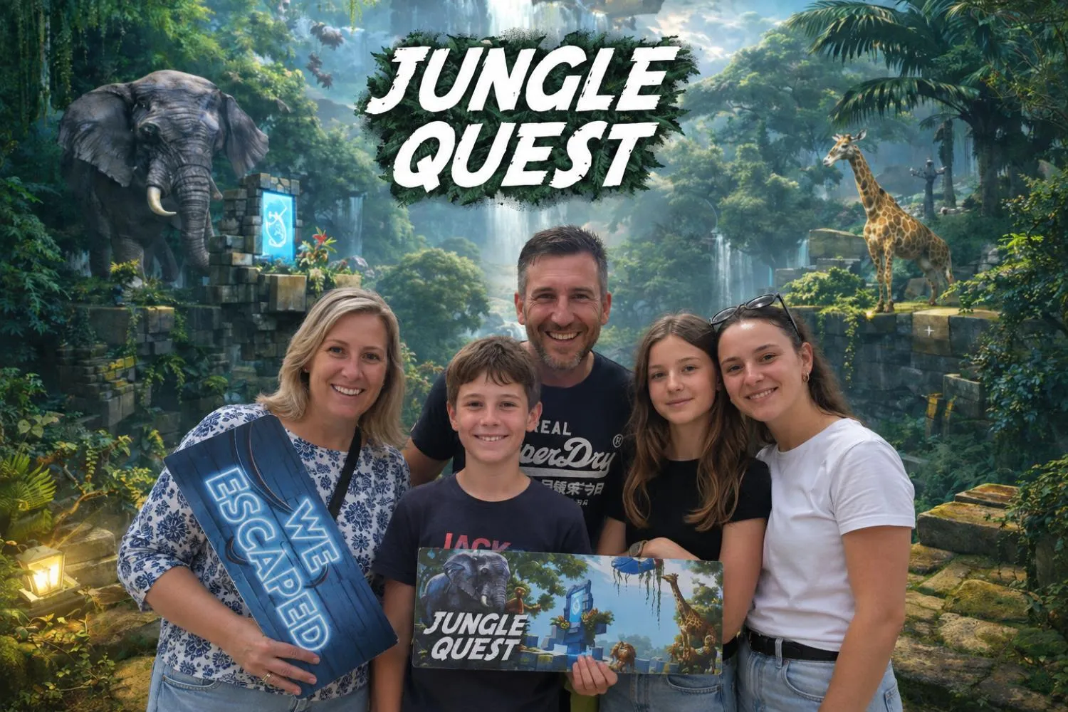 Familie mit Kindern nach dem Jungle-Quest-Abenteuer