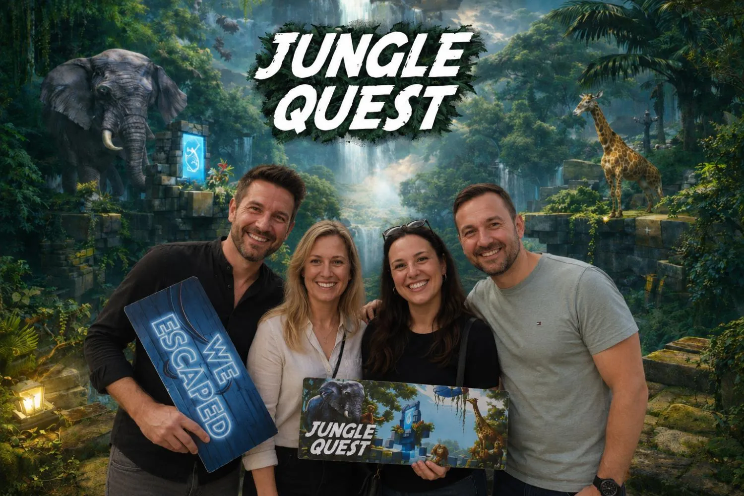 Vier Freunde mit „We escaped“-Schild