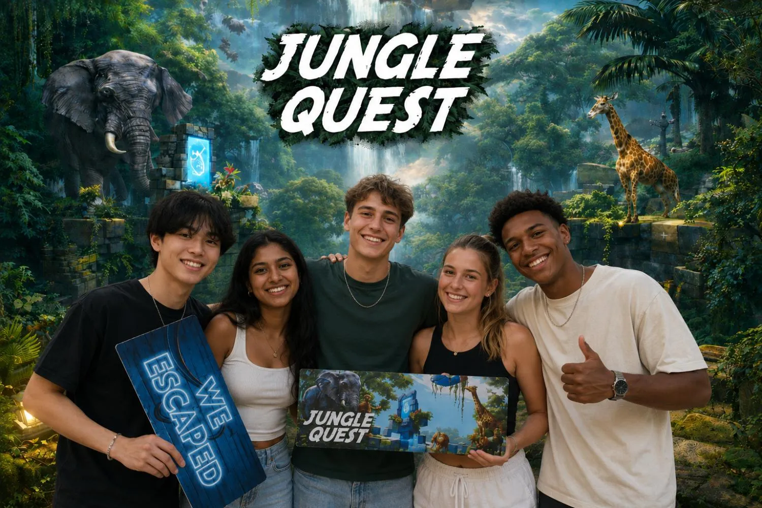 Fünf Freunde mit „We escaped“-Schild nach dem Spiel
