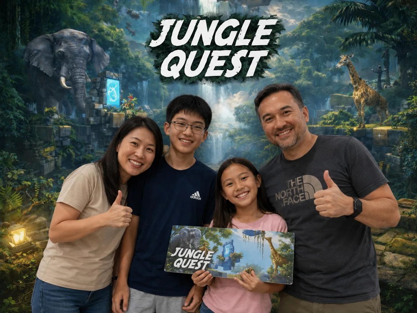Familie mit Daumen hoch nach dem Jungle-Quest-Abenteuer