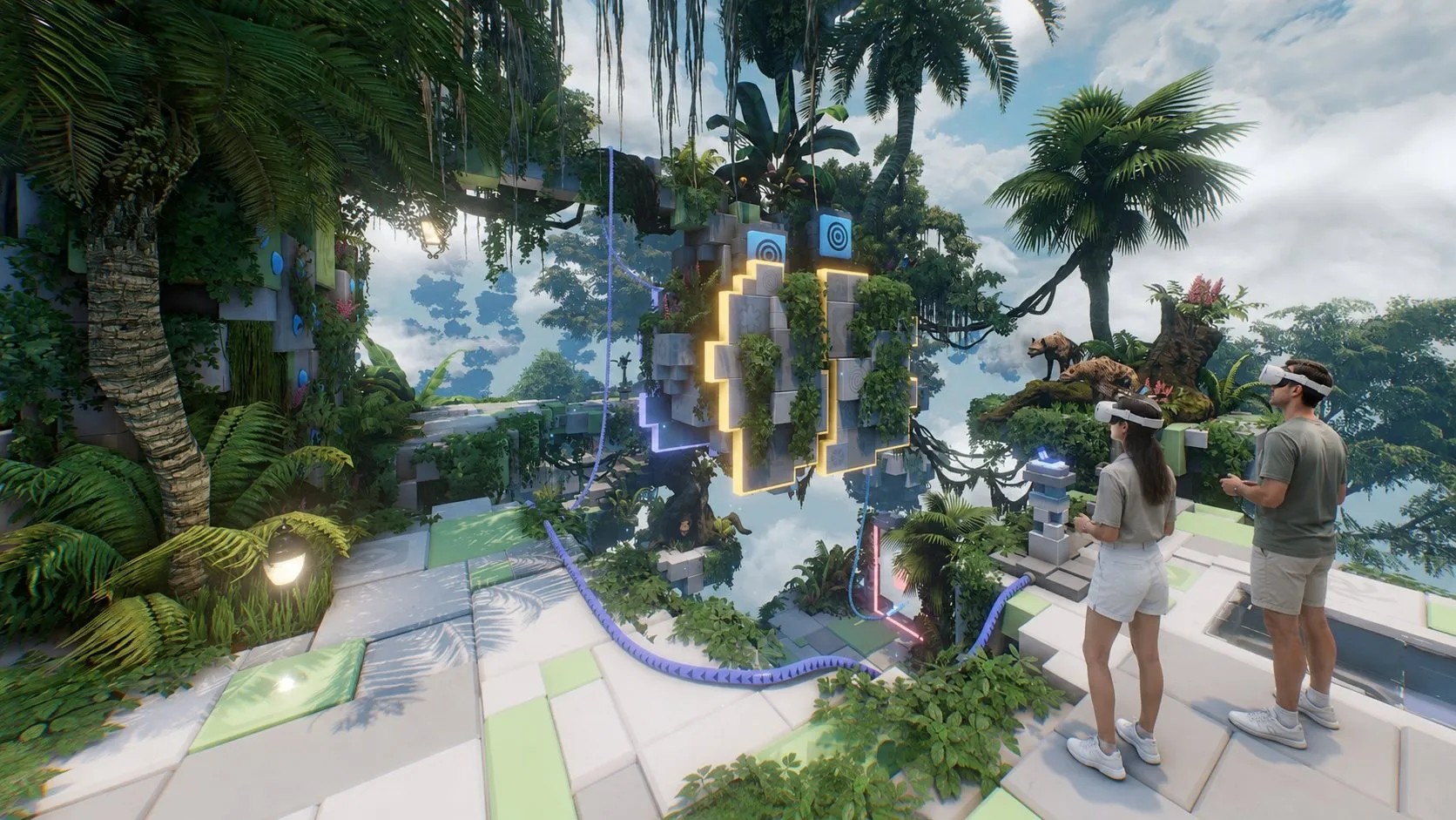 Zwei Spieler mit VR-Brillen vor einem leuchtenden Portal in der Jungle-Quest-Welt