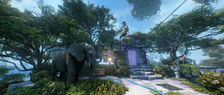 Elefant auf einer Insel vor einem violetten Portal